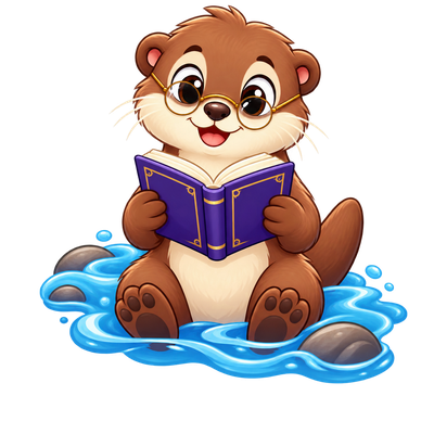 An otter reading a book in a stream — the Vocabulary Flow mascot